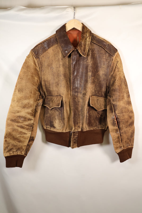 1940's size 46, maker unknown, USAAF A-2 flight jacket, damaged condition, used.