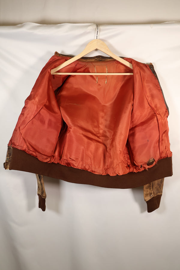 1940's size 46, maker unknown, USAAF A-2 flight jacket, damaged condition, used.