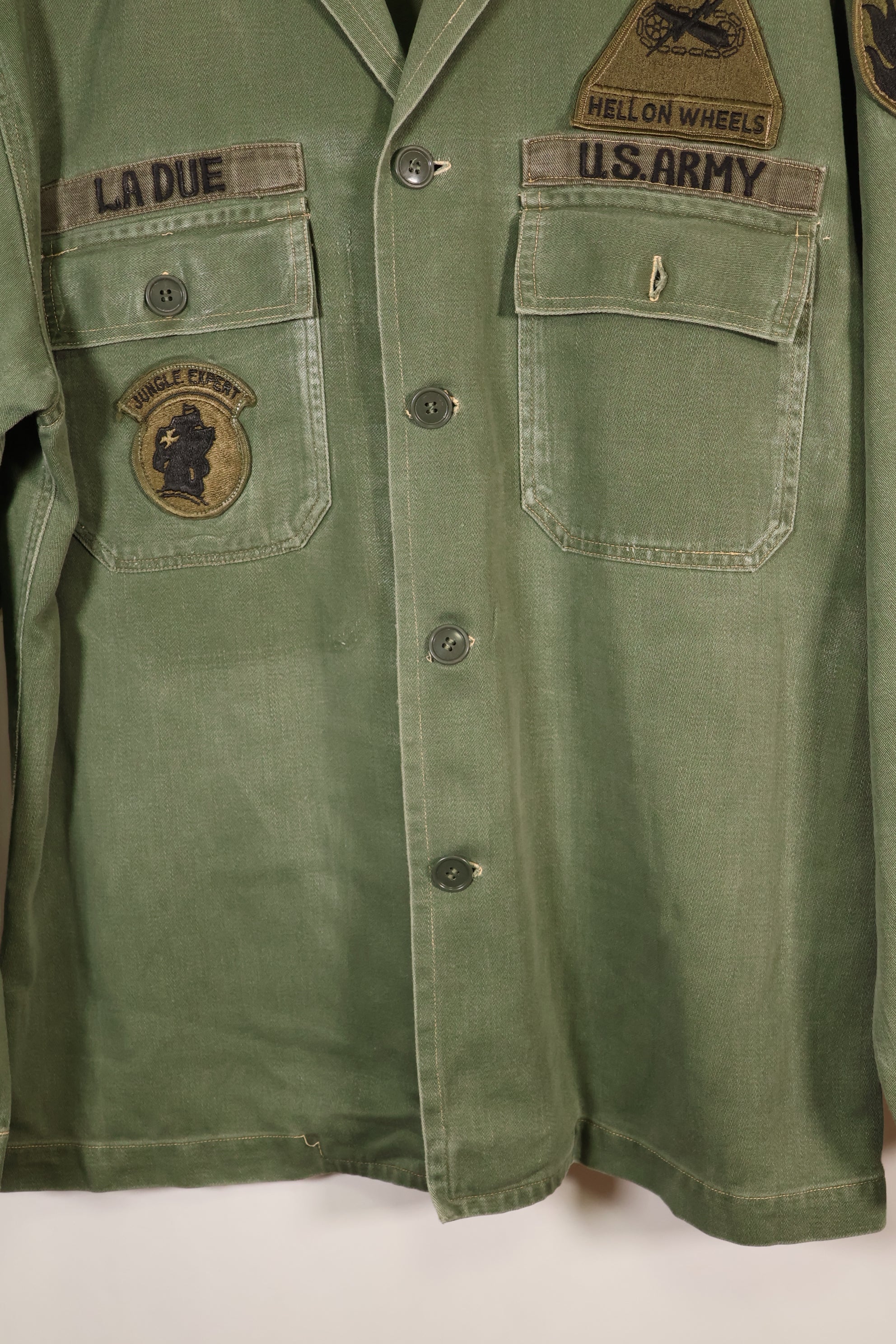 1960s, Estimated Size: SMALL, OG-107 Utility Shirt with Patches, Used