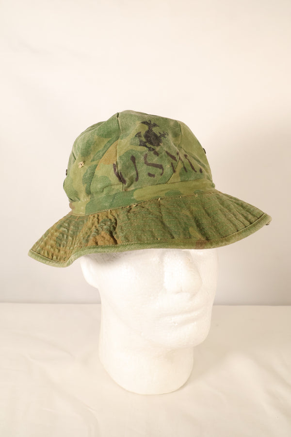 1960s-early 70s USMC privately procured Mitchell pattern camouflage shelterhalf boonie hat, used.