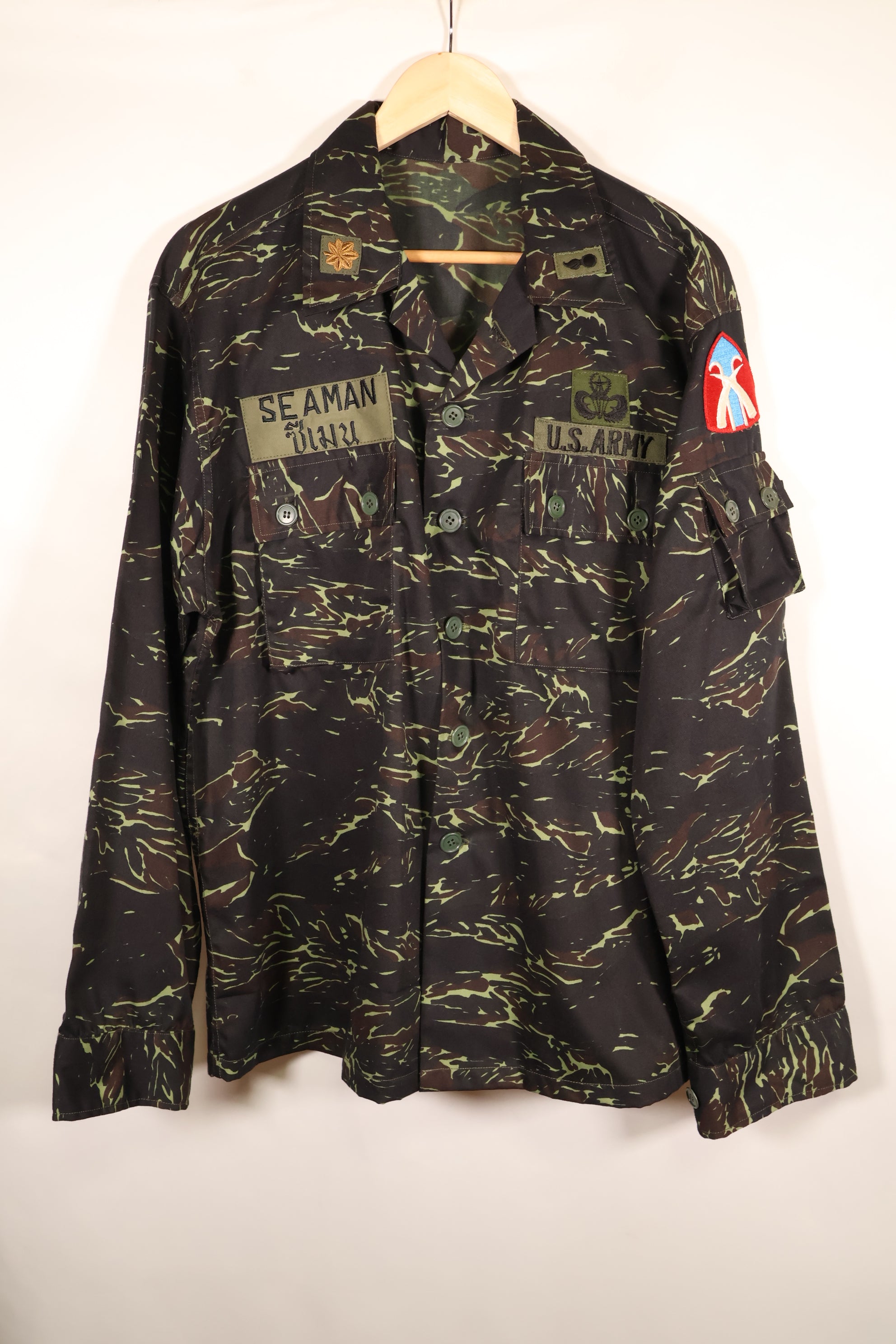 1970s Thai Border Guard "Shadow Tiger" Locally Made Tiger-Striped Shirt, Used, Size B