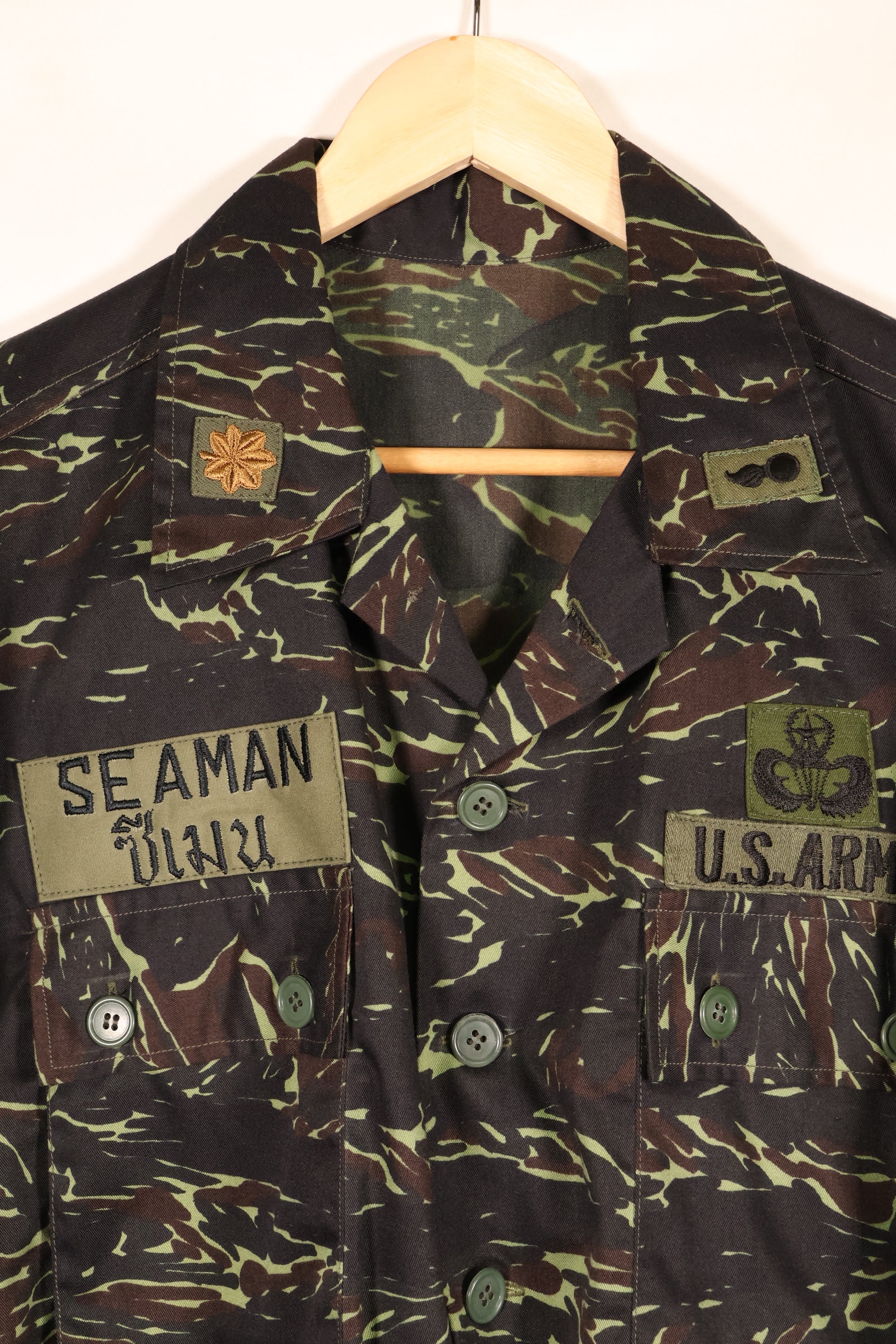 1970s Thai Border Guard "Shadow Tiger" Locally Made Tiger-Striped Shirt, Used, Size B
