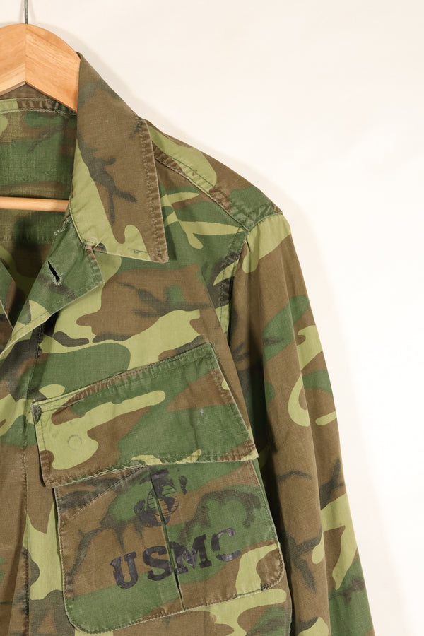 Contract circa 1967, size tag missing, early print, USMC non-rip ERDL jungle fatigues jacket, used