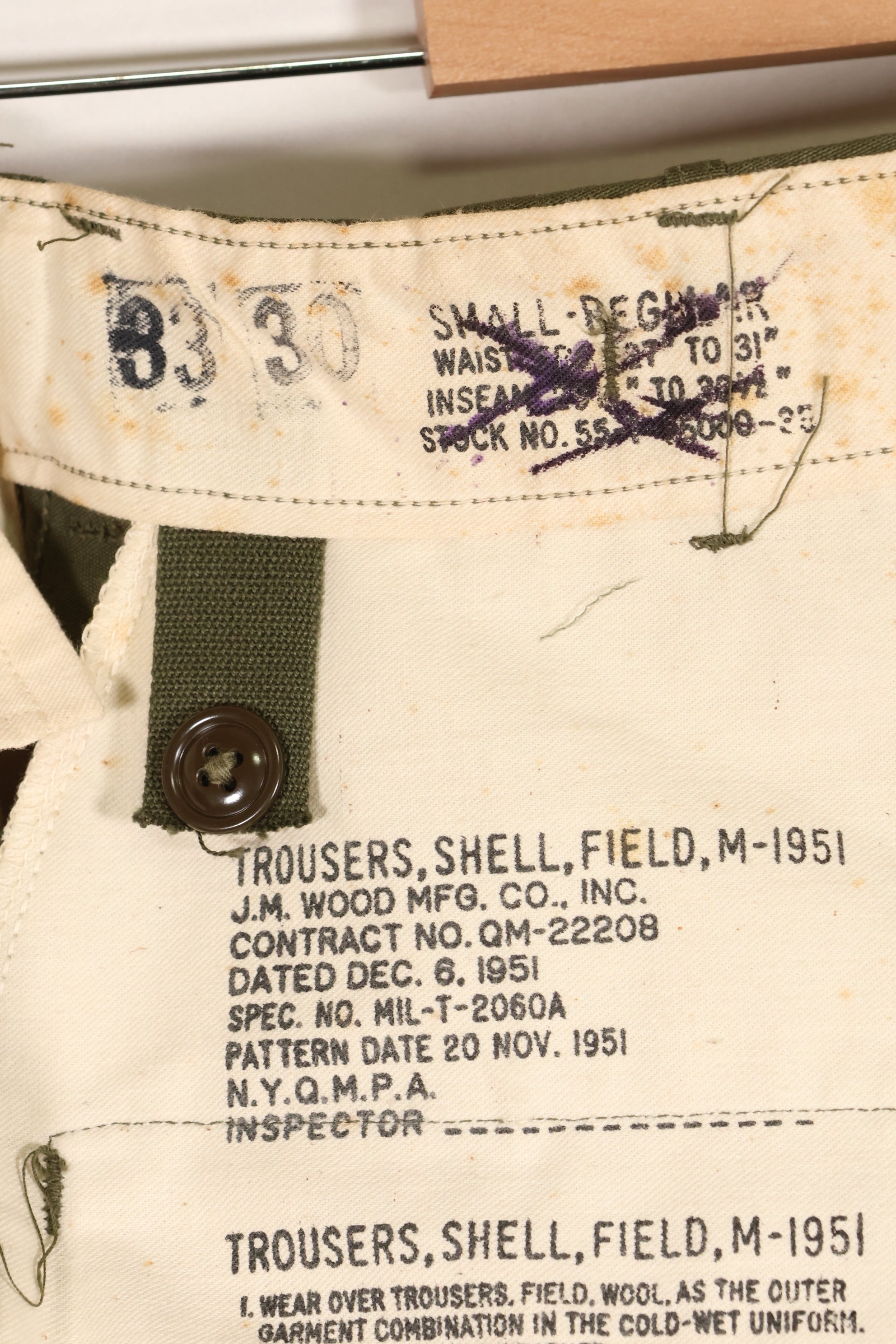 1951 Contract, S-R, U.S. Army, M51 Field Pants, Virtually Unused, Some Stains and Dirt