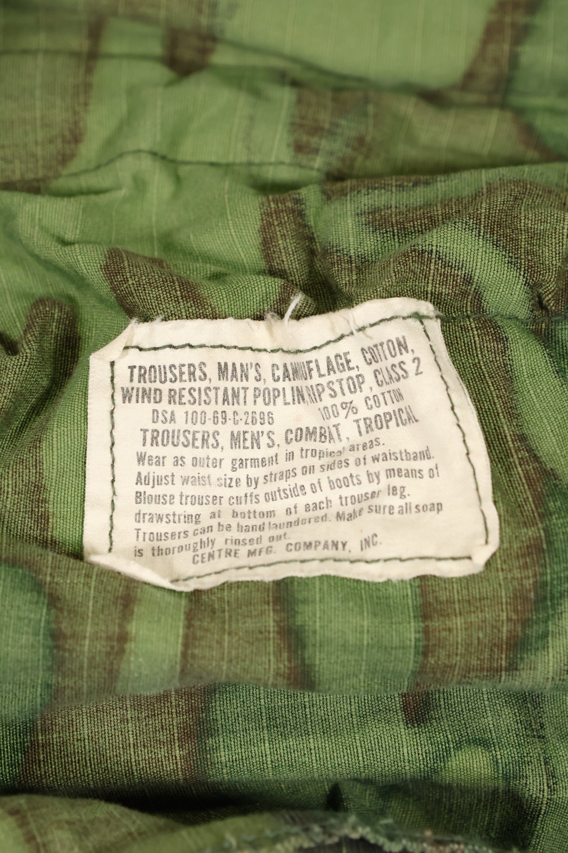 1969 Contract M-S Ripstop ERDL Camouflage Jungle Fatigue Pants, faded, used.