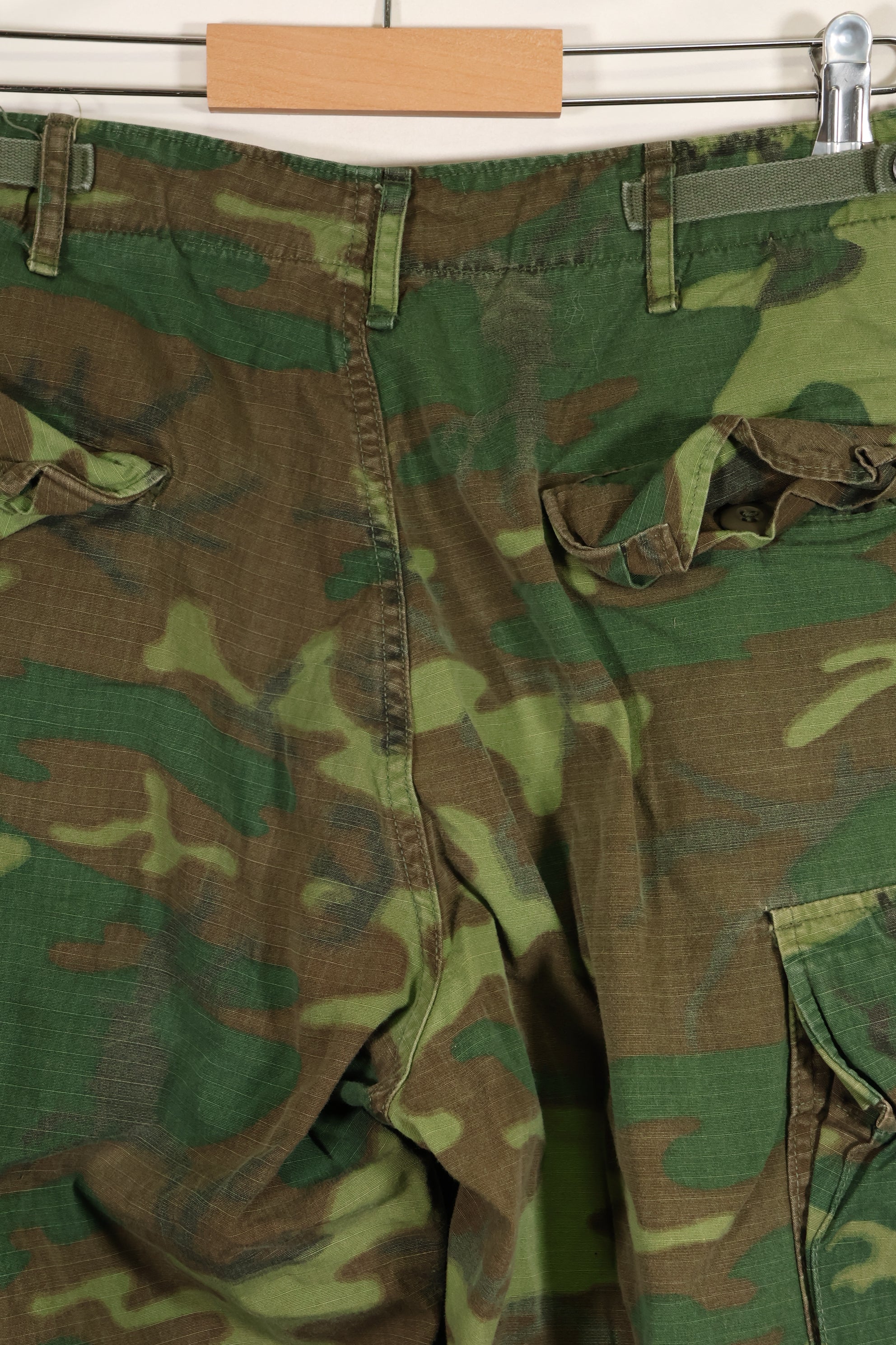 1969 Contract M-S Ripstop ERDL Camouflage Jungle Fatigue Pants, faded, used.