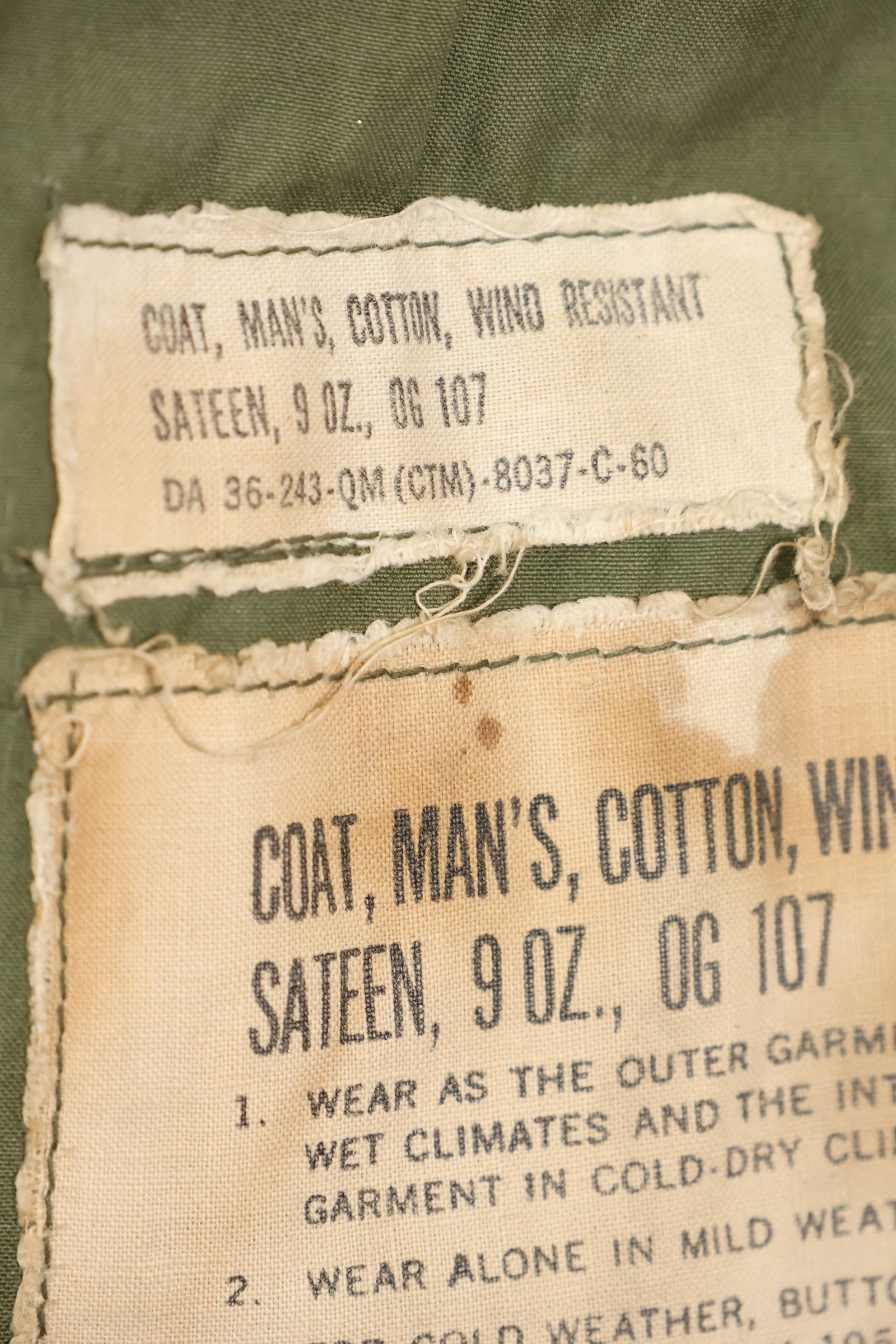 1960 Contract S-S U.S. Army M51 Field Jacket, stained, used.