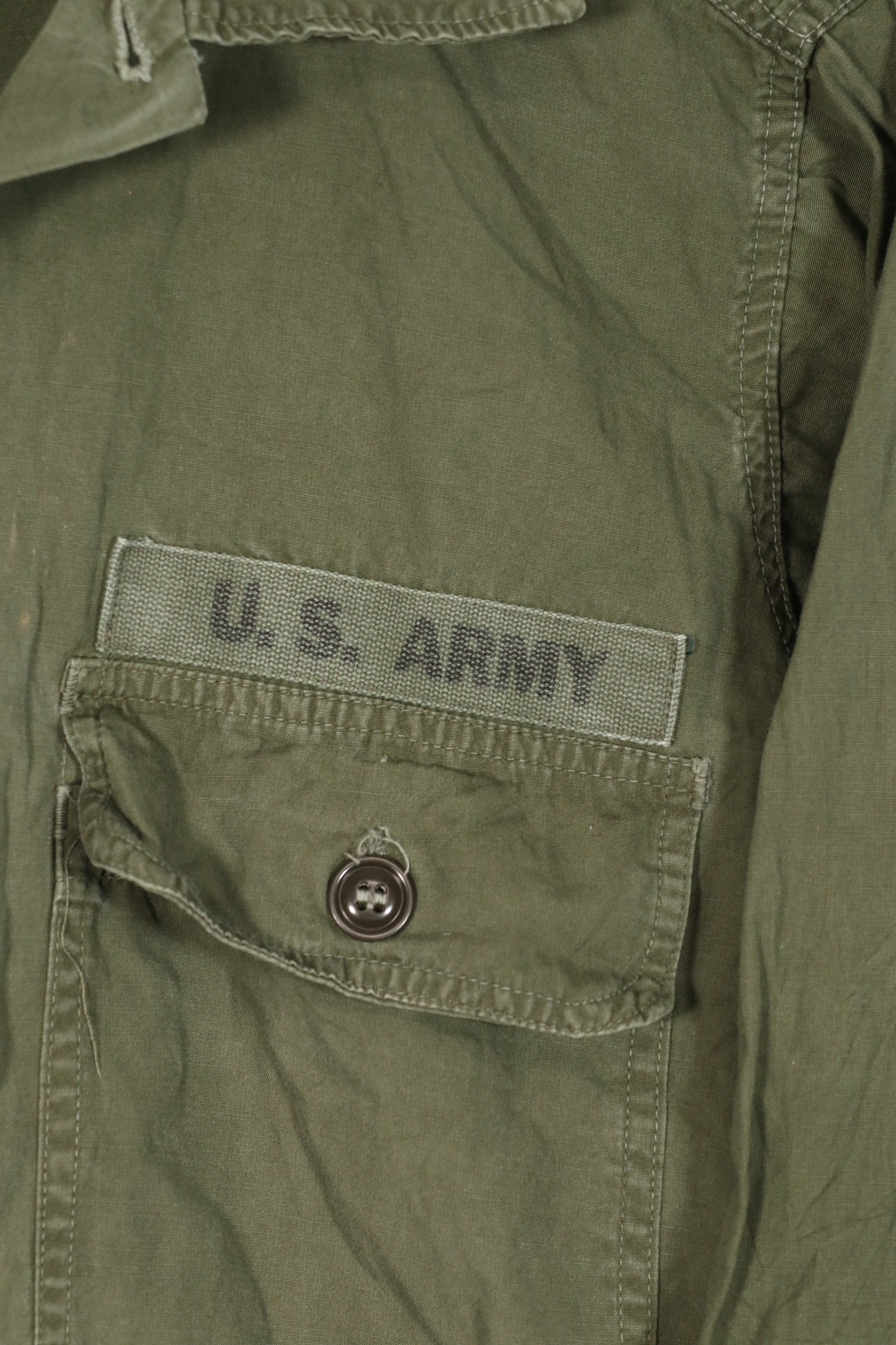 Real U.S. Army OG-107 PX utility shirt made by Poplin, used, patch retrofitted.