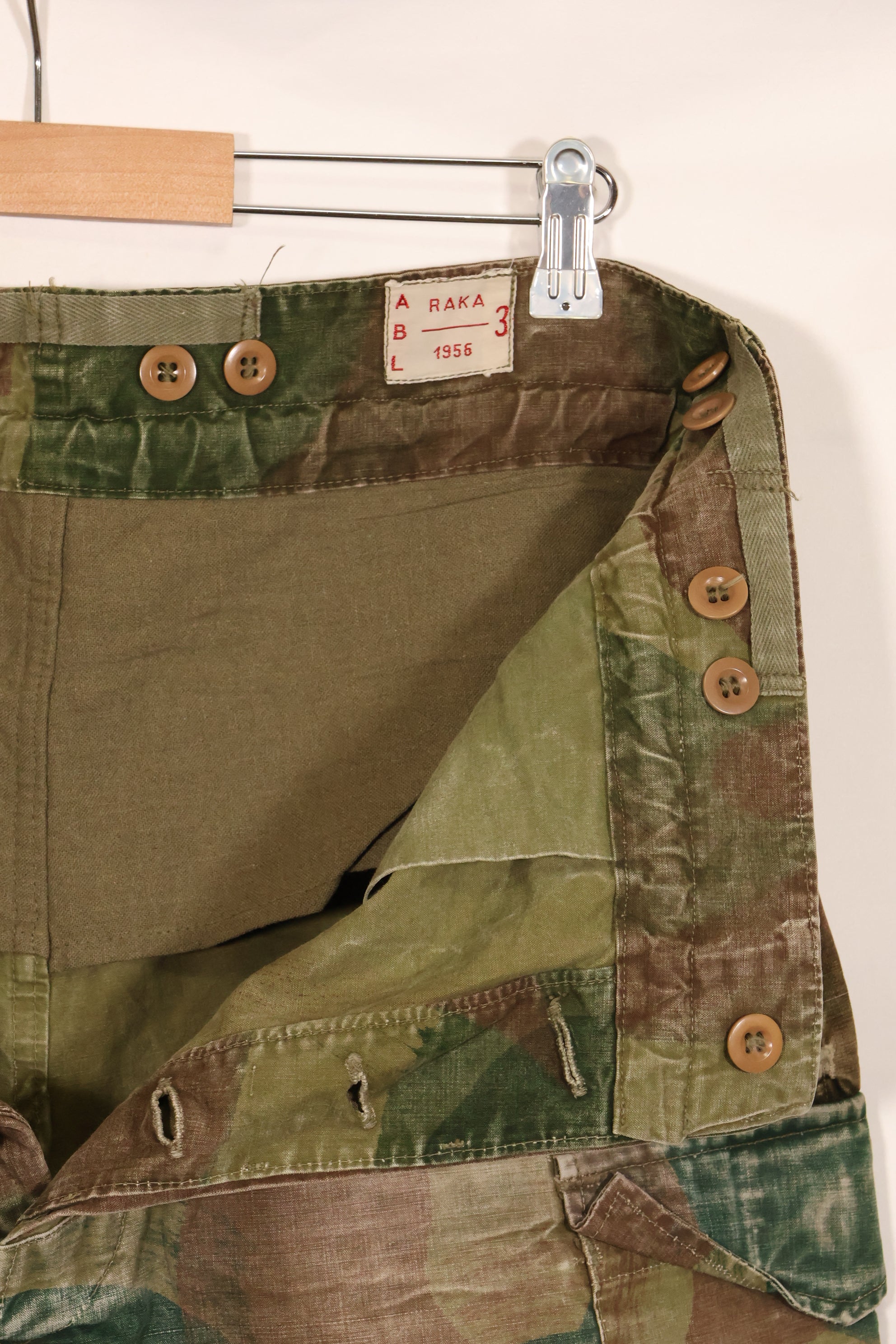 1956 Belgian Army Brushstroke camouflage airborne pants, used, faded.