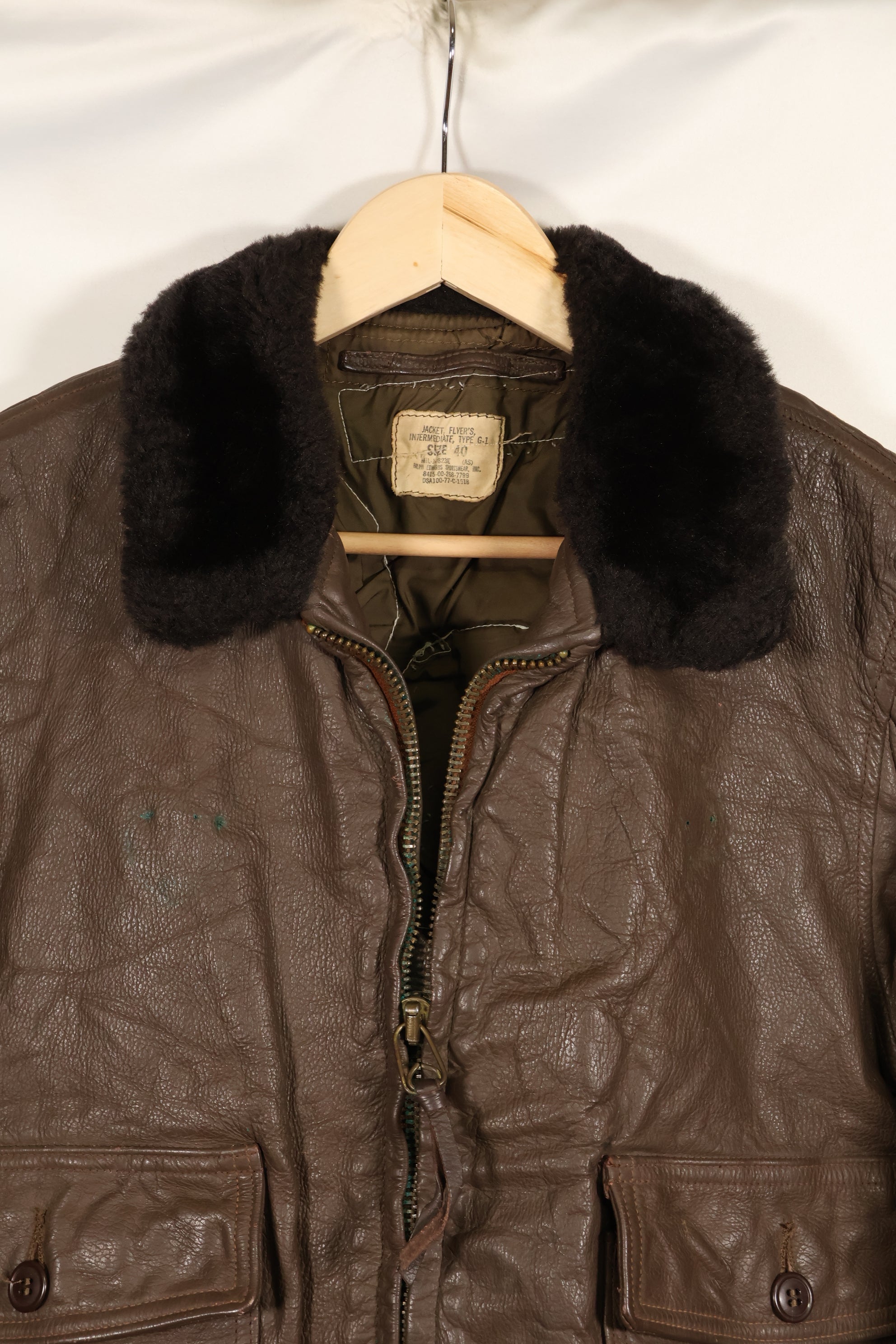 1977 Contract US Navy G-1 Flight Jacket with patches, size 40, good condition.