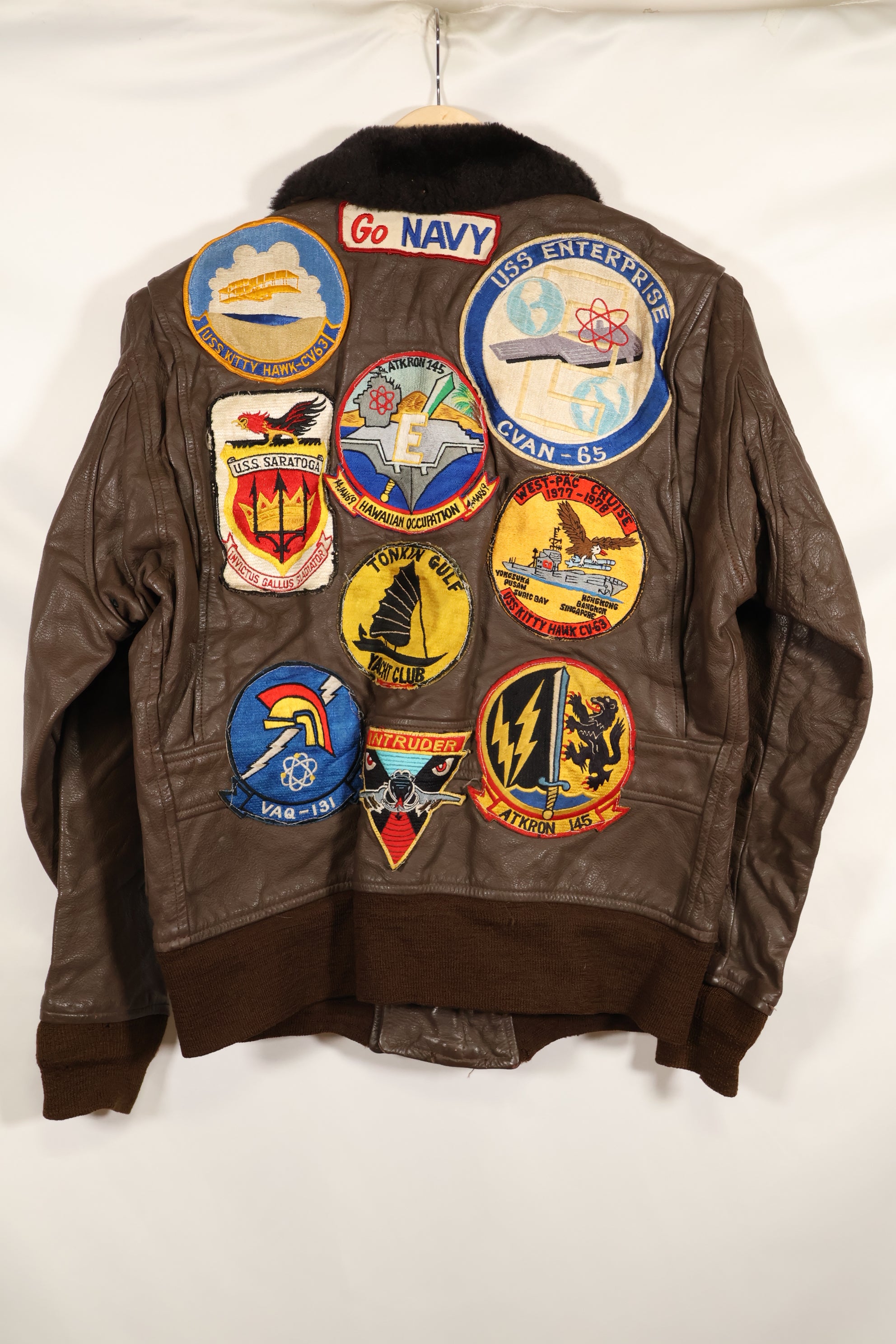 1977 Contract US Navy G-1 Flight Jacket with patches, size 40, good condition.