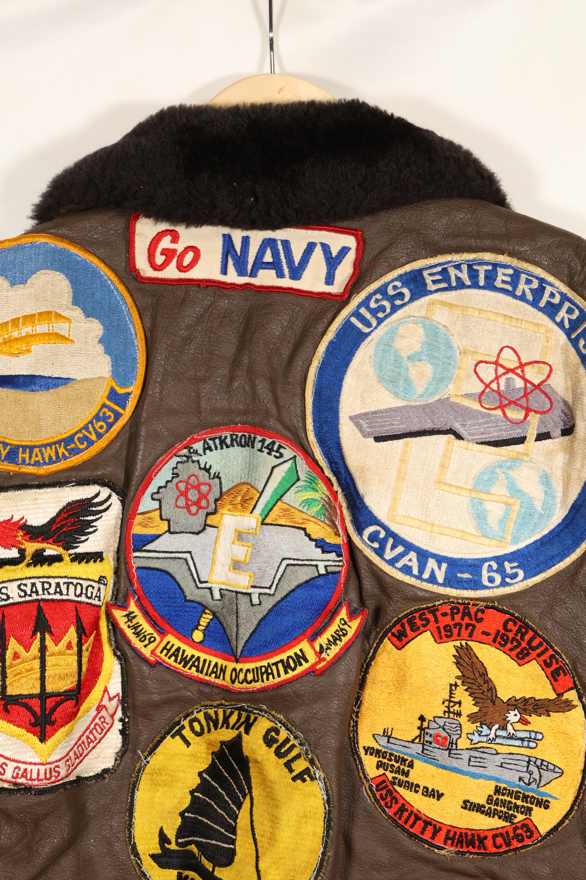 1977 Contract US Navy G-1 Flight Jacket with patches, size 40, good condition.