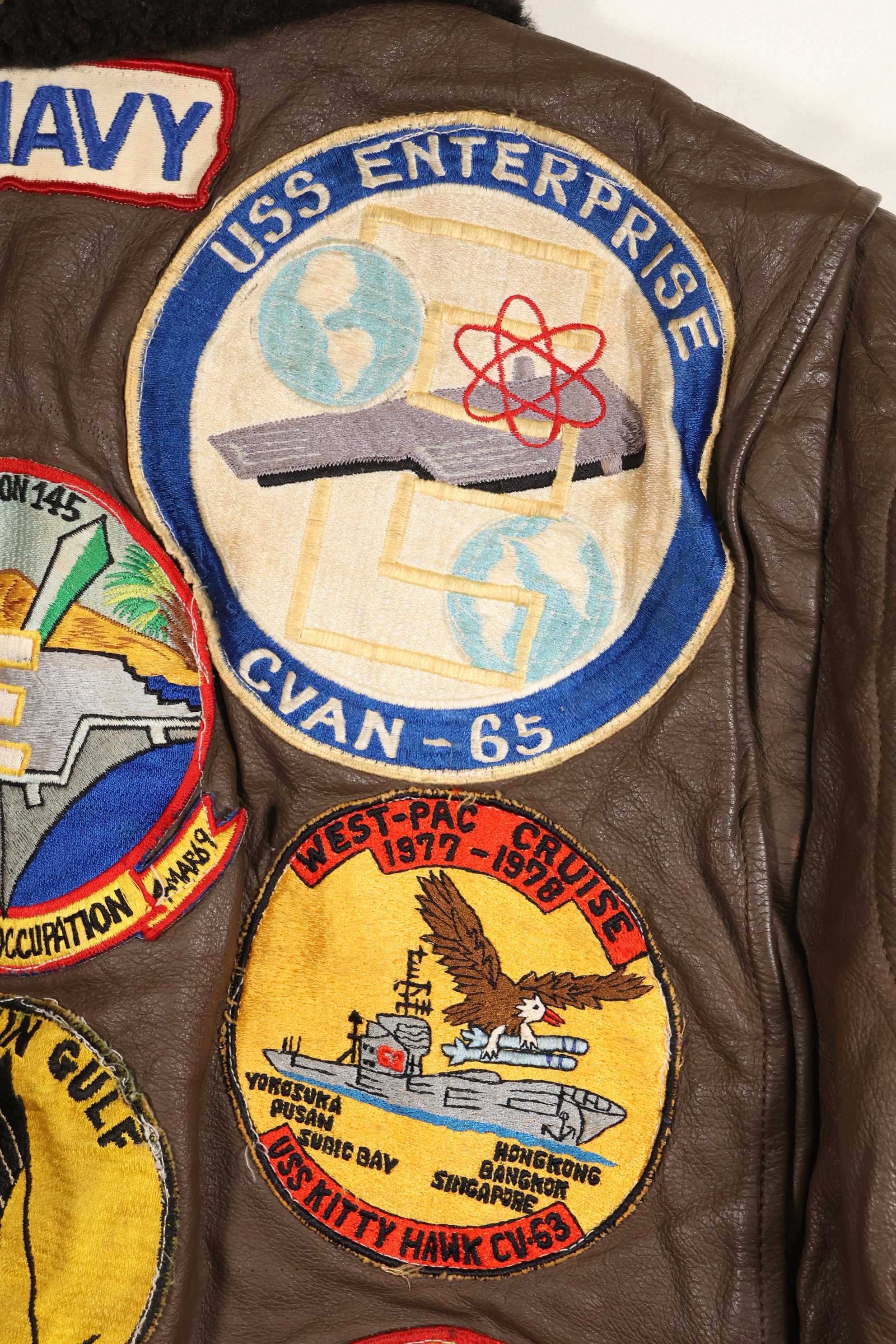 1977 Contract US Navy G-1 Flight Jacket with patches, size 40, good condition.