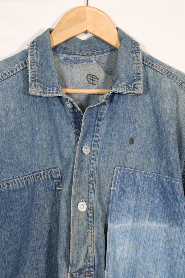 1930s U.S. Army denim pullover shirt, 3 buttons, used.