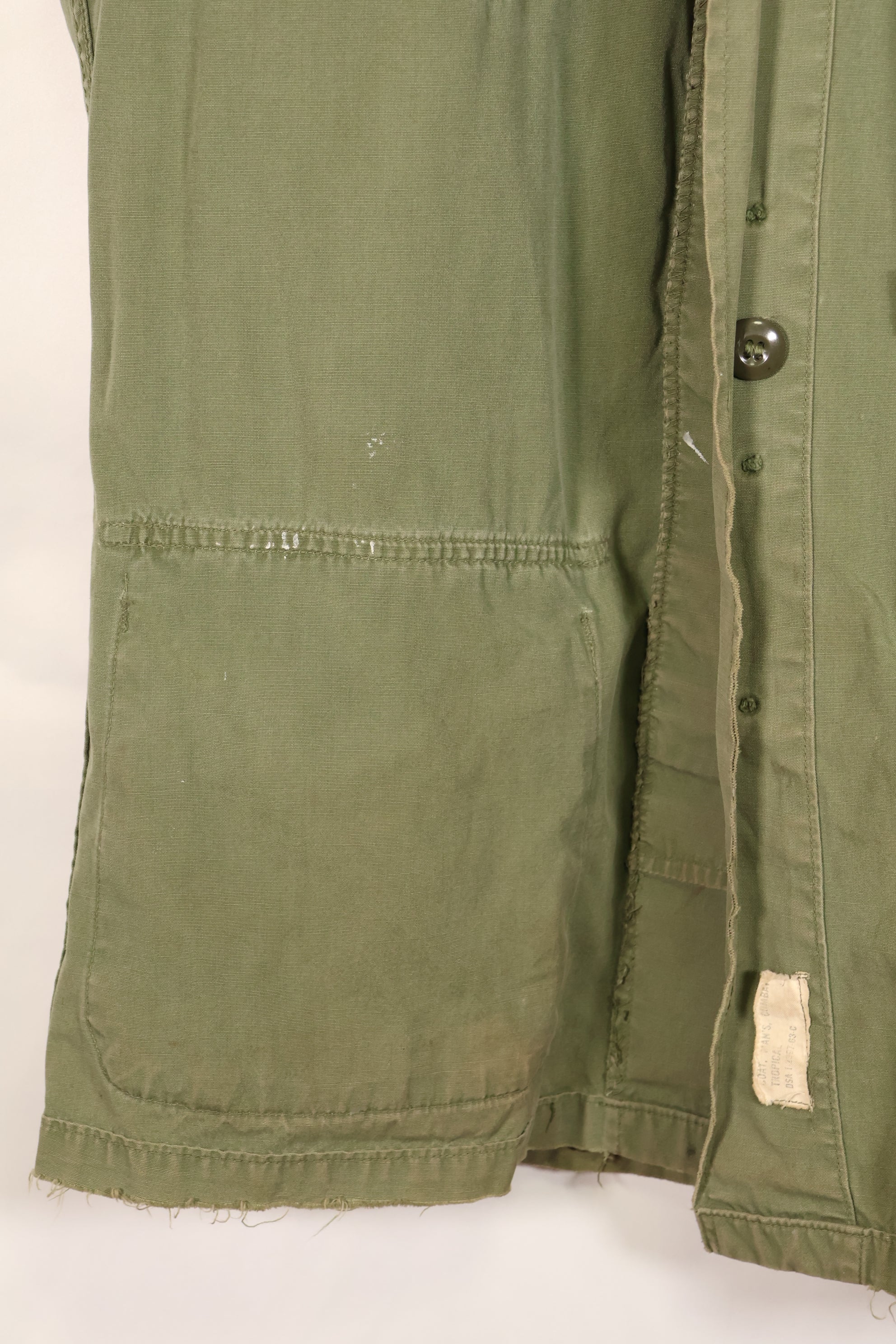 1963 Contract, estimated SMALL 1st Model Jungle Fatigue Jacket, used, stains, scratches.