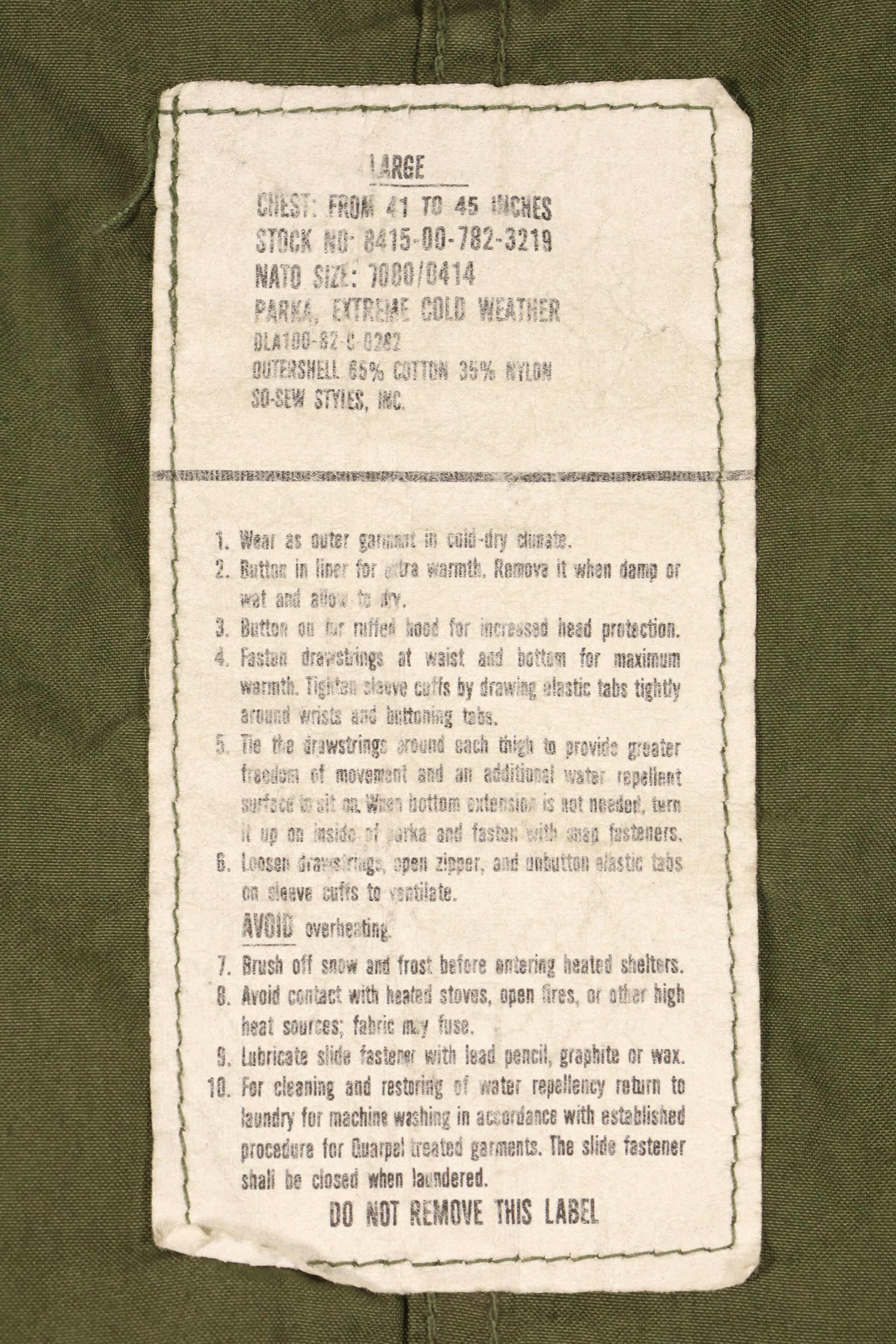 1982年合同款大型M65野战派克大衣，鱼尾式，仅外壳。