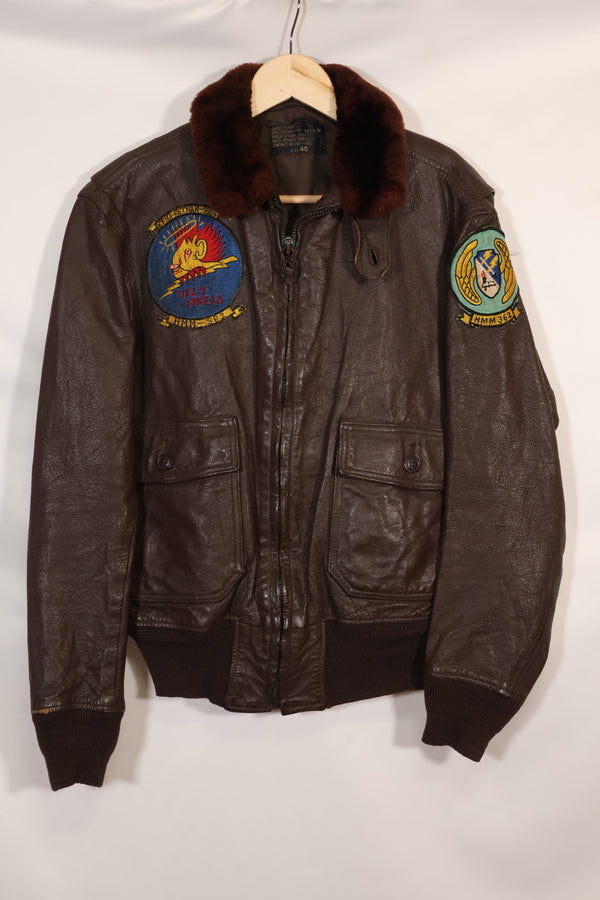 Early 1960s lot size 40 U.S. Marine Corps G-1 UGLY ANGENLS flight jacket, used.