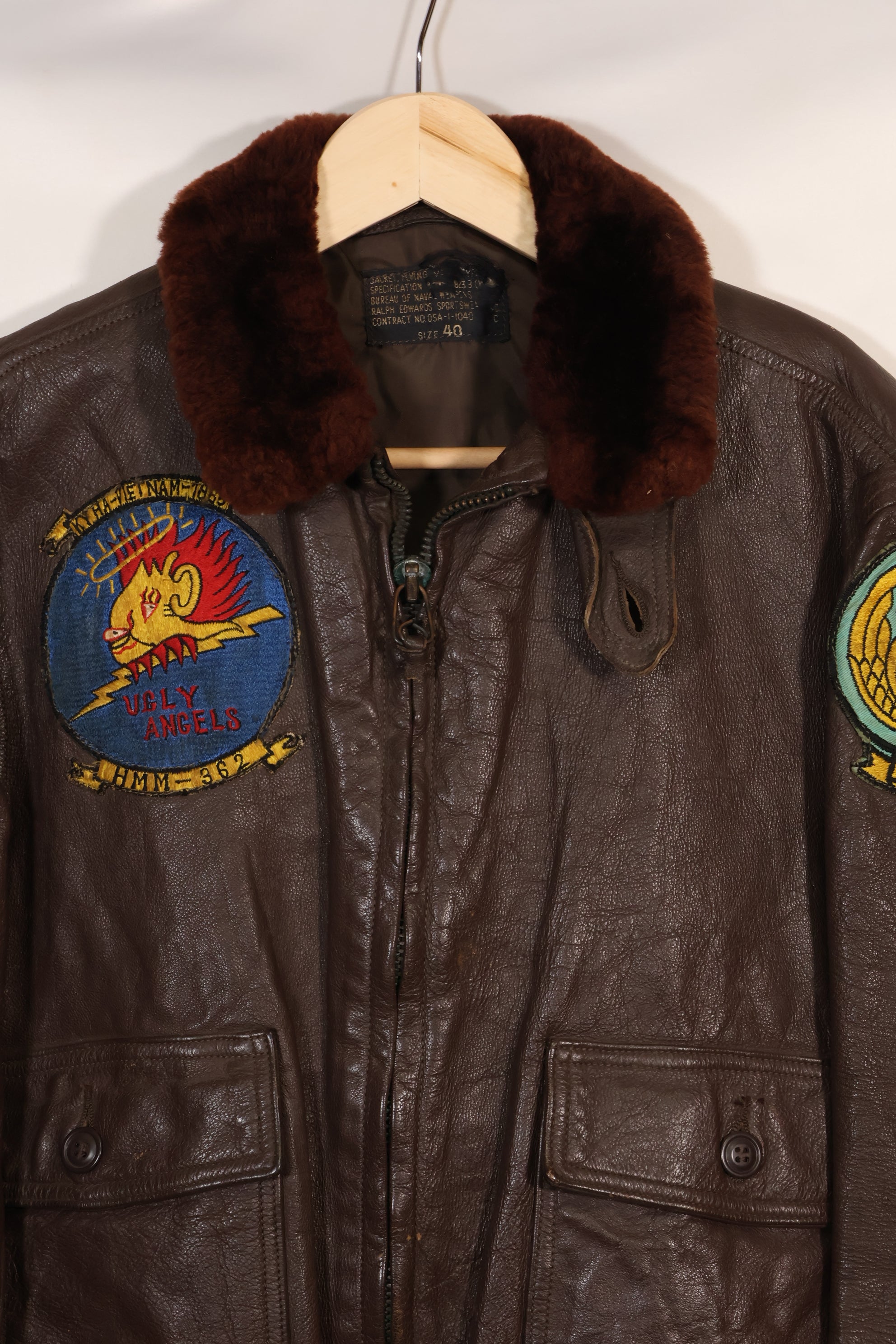 Early 1960s lot size 40 U.S. Marine Corps G-1 UGLY ANGENLS flight jacket, used.
