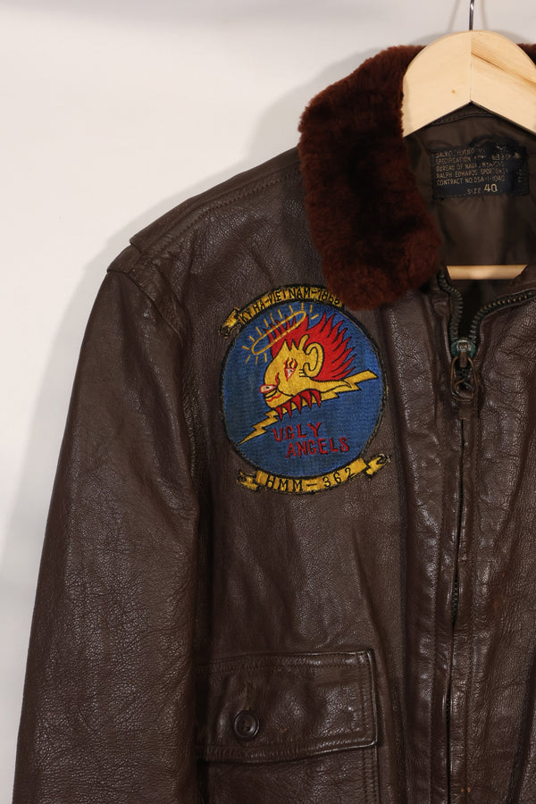 Early 1960s lot size 40 U.S. Marine Corps G-1 UGLY ANGENLS flight jacket, used.