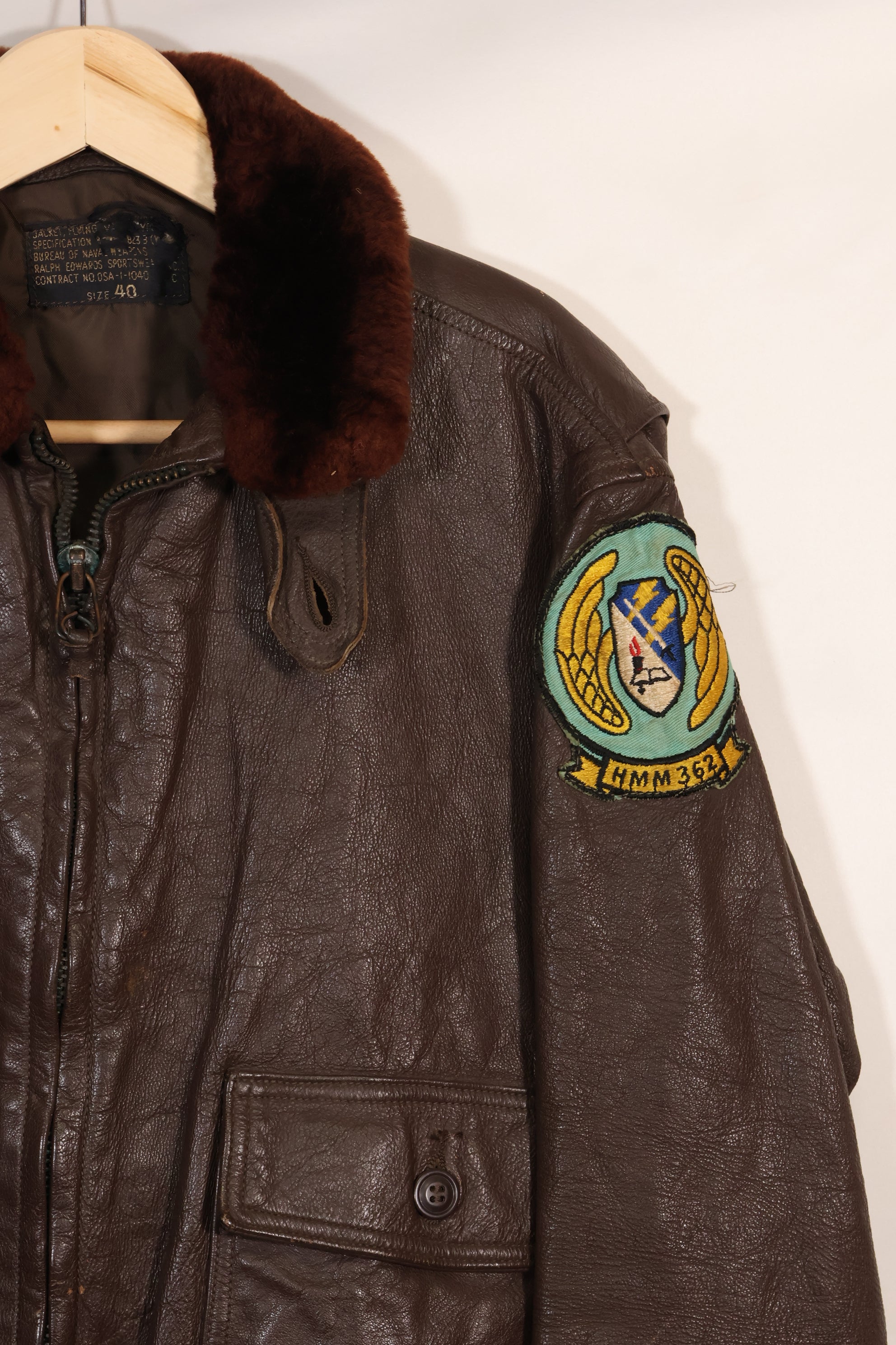 Early 1960s lot size 40 U.S. Marine Corps G-1 UGLY ANGENLS flight jacket, used.