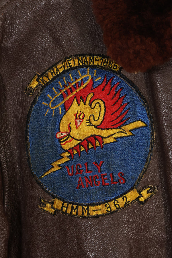 Early 1960s lot size 40 U.S. Marine Corps G-1 UGLY ANGENLS flight jacket, used.