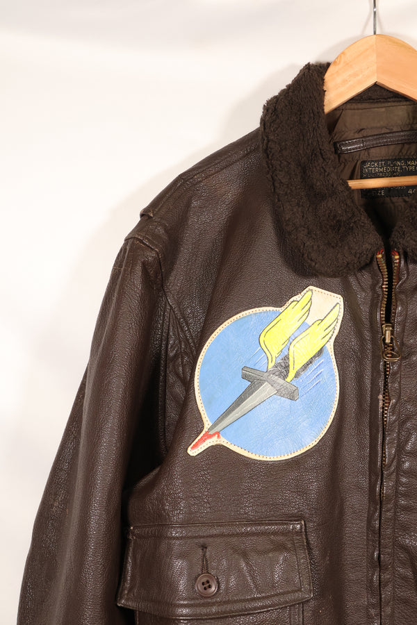 1971 contract size 44 G-1 flight jacket, painted, patches, used.