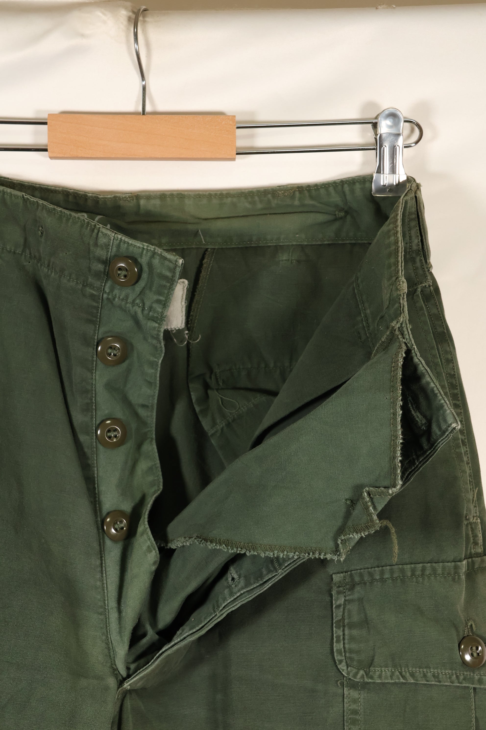 1963 contract, estimated S-L 1st Model Jungle Fatigue pants, dyed, CRC release, faded, used.