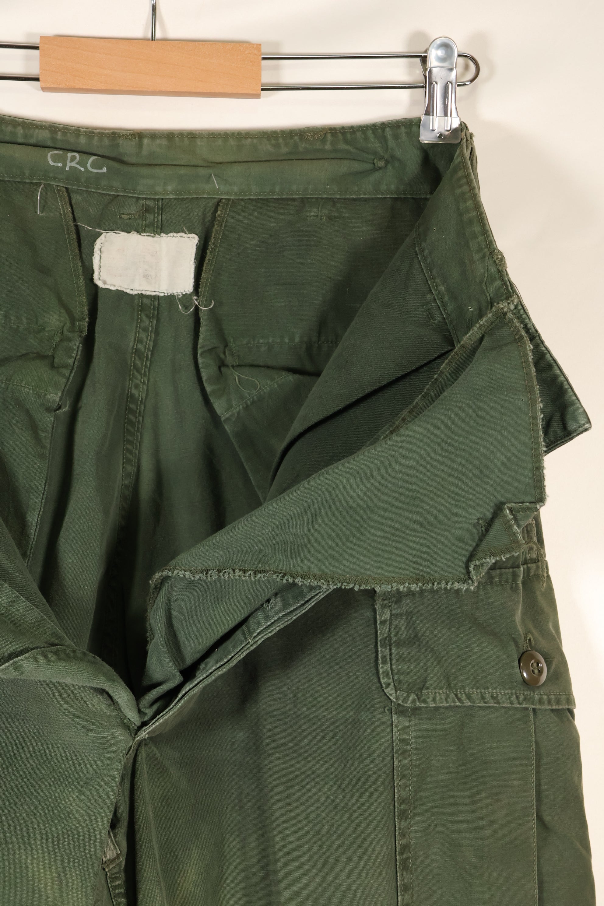 1963 contract, estimated S-L 1st Model Jungle Fatigue pants, dyed, CRC release, faded, used.