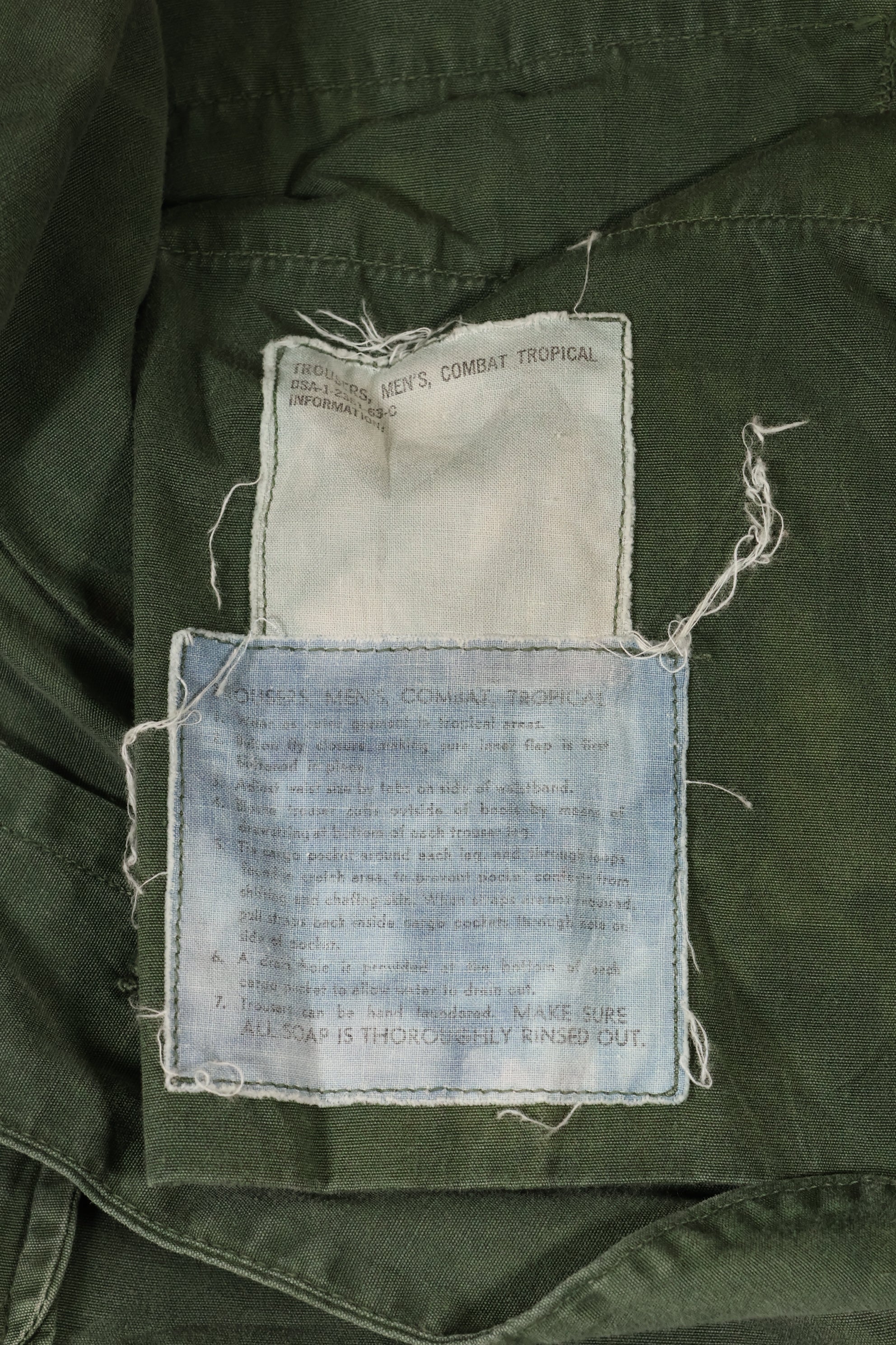 1963 contract, estimated S-L 1st Model Jungle Fatigue pants, dyed, CRC release, faded, used.