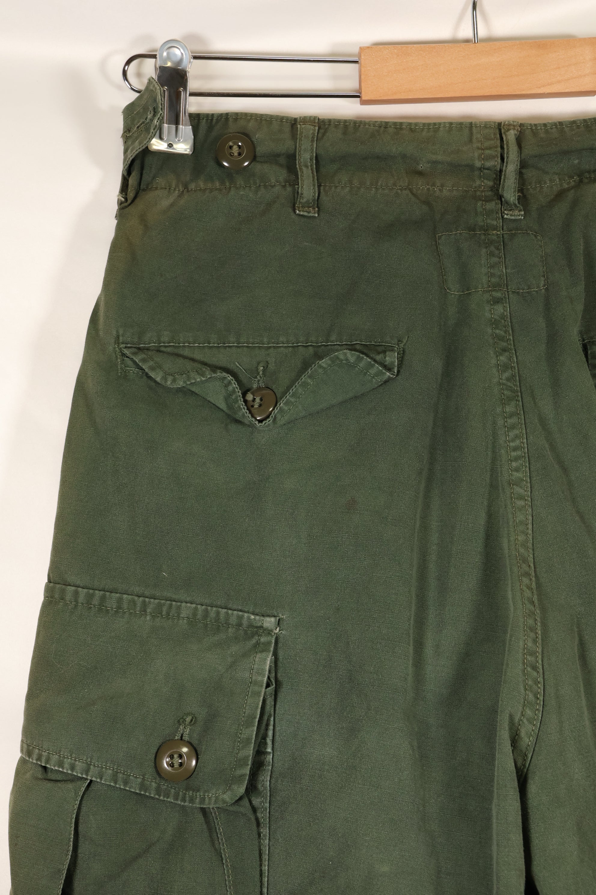 1963 contract, estimated S-L 1st Model Jungle Fatigue pants, dyed, CRC release, faded, used.