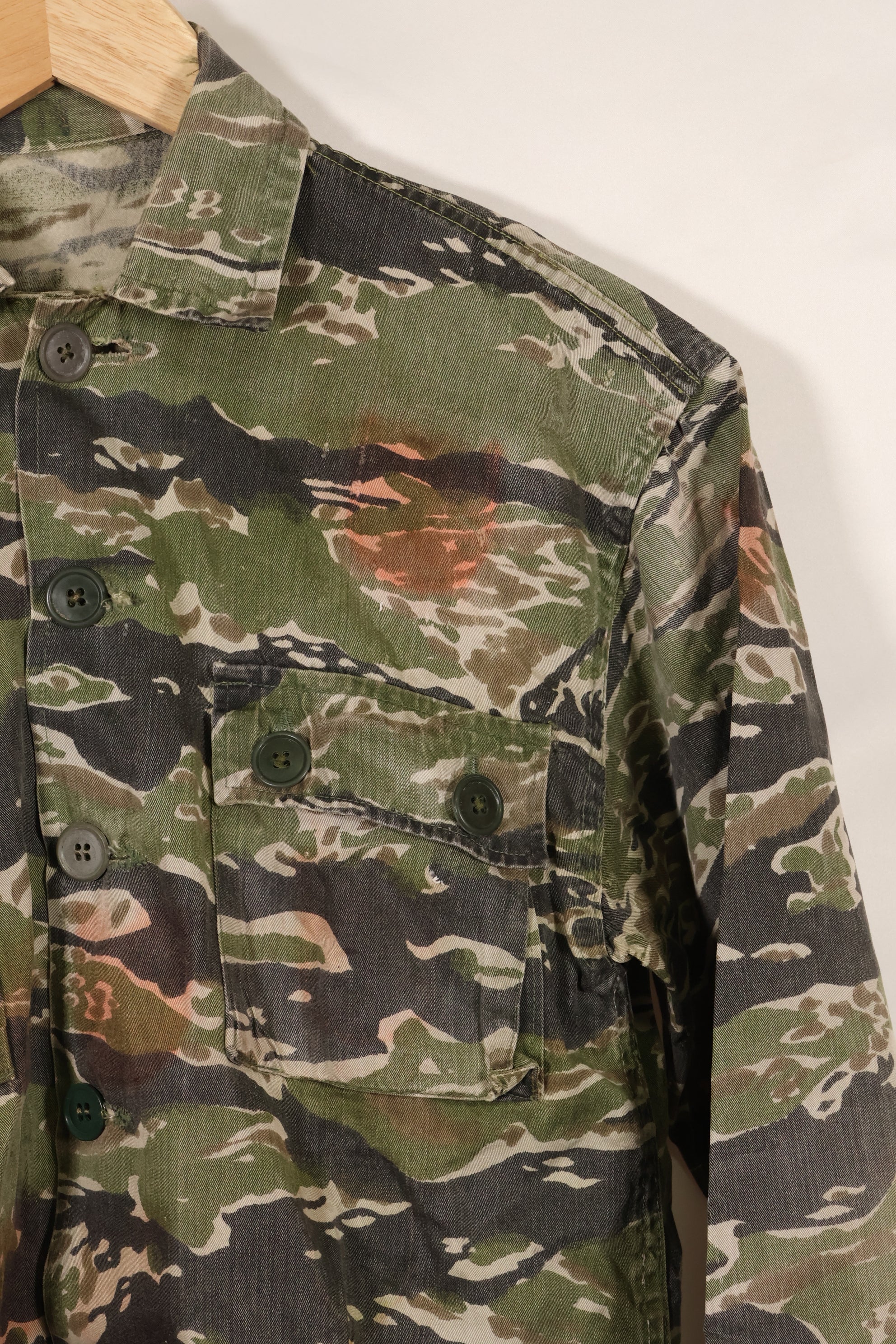 1960s Tiger stripe shirt, CIDG pattern, faded, stained, used.