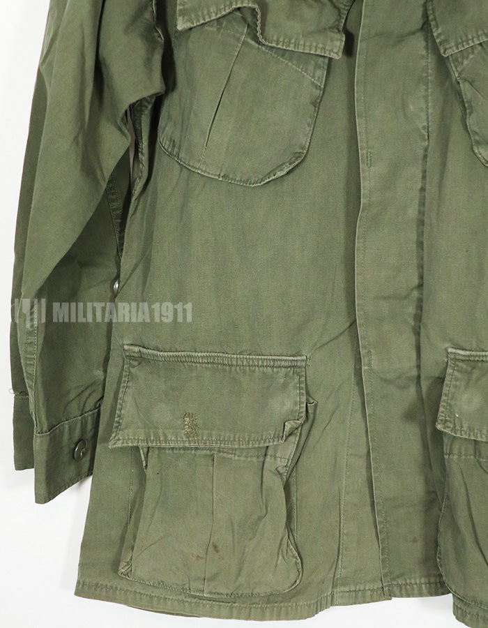 Real 2nd Model Jungle Fatigue Jacket, used, with patches and rank insignia.