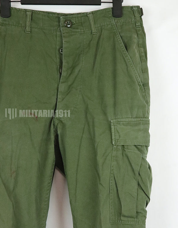 Original 2nd model Jungle Fatigue pants, non-ripstop, worn, scratched, faded. Scuffed, faded