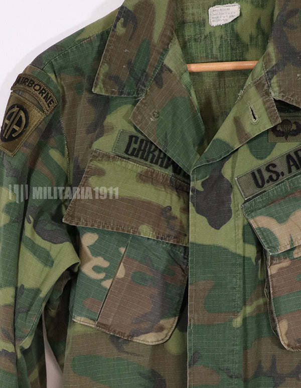 Real 1969 U.S. Army ERDL ripstop fabric camouflage jacket with patches (retrofitted)